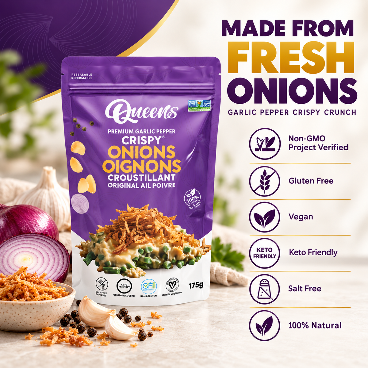 Queen’s Premium Garlic Pepper Crispy Onions – 175 g