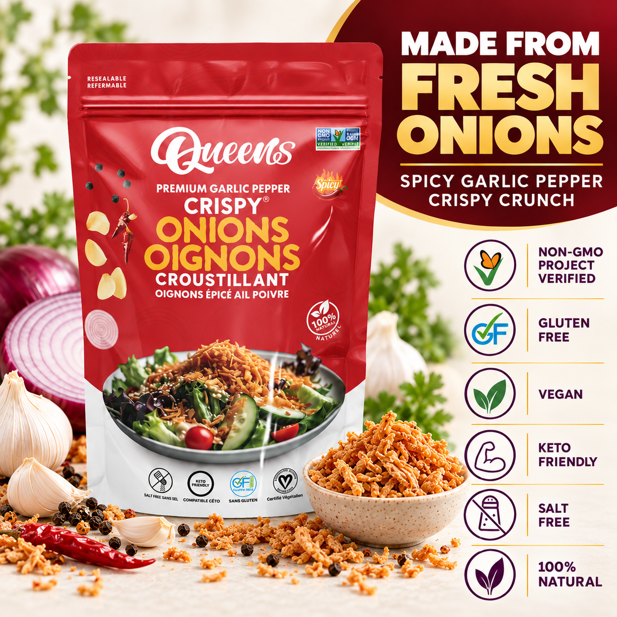 Queen’s Premium Spicy Garlic Pepper Crispy Onions – 175 g