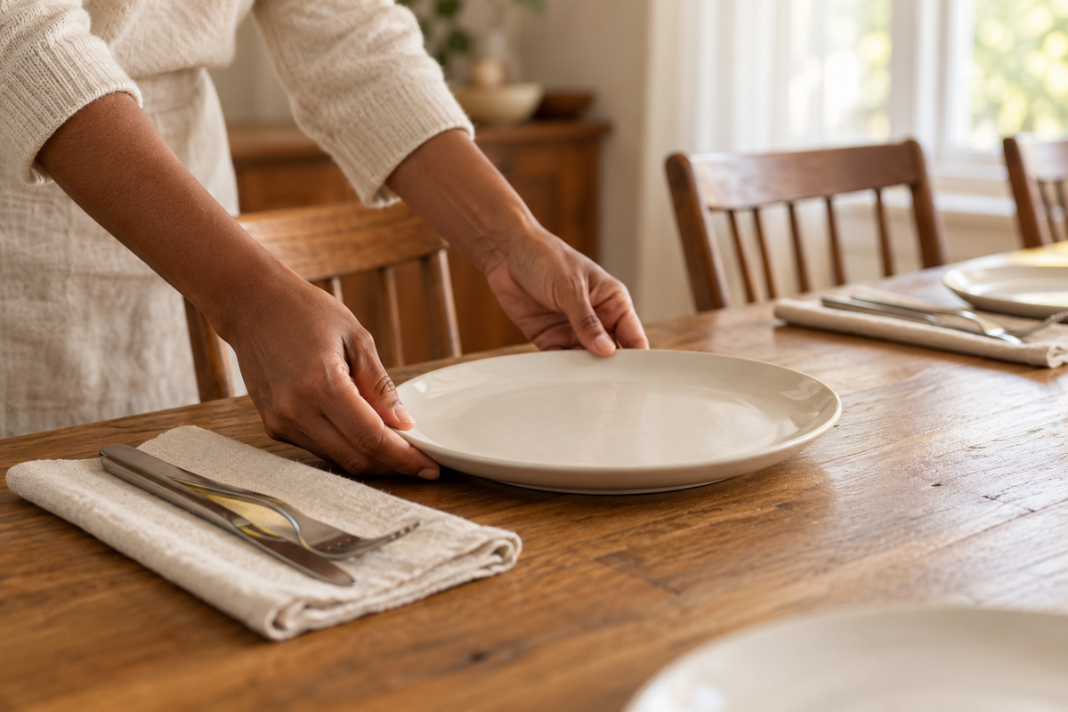 Hands setting a ceramic plate on a wooden dining table