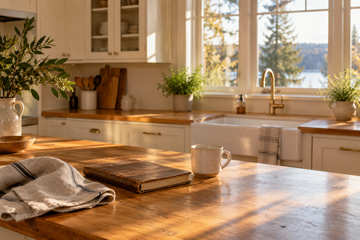 A quiet sunlit kitchen with a recipe notebook and ceramic mug